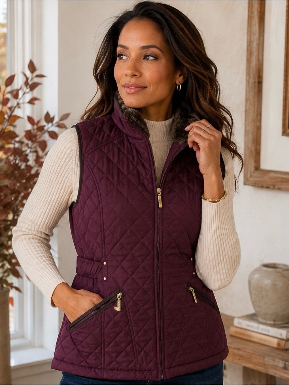 Weatherproof Quilted Vest Faux-Fur Lining/Trim in Plum/Burgundy Size Medium